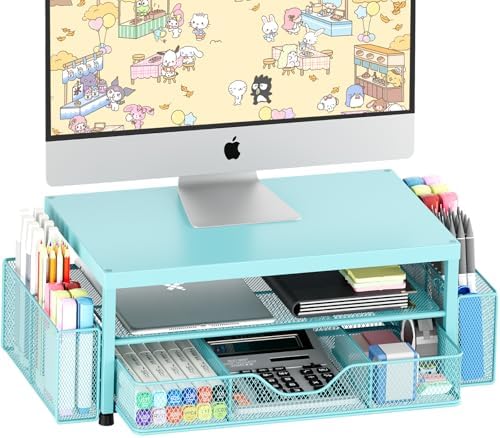 OPNICE Desk Organizer and Accessories, 2-Tier Computer Monitor Stand Riser with Drawer and 2 Pen Holders, Laptop Stand, 