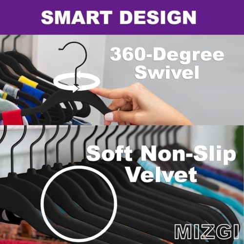 MIZGI All Black Velvet Hangers 60 Pack,Premium Flocked Clothes Hangers Non-Slip Felt Hangers,Sturdy Black Hangers Heavy Duty Coat Hangers,Durable Suit Hangers for Space Saving, No Hanger Marks