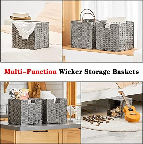Vagusicc Wicker Basket, Set of 2 Hand-Woven Wicker Storage Basket, Foldable 11 inch Cube Storage Bins, Storage Baskets f