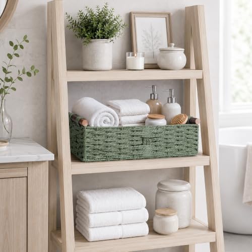 Round Paper Rope Storage Basket Wicker Baskets for Organizing with Handle Decorative Storage Bins for Countertop Toilet Paper Basket for Toilet Tank Top Small Baskets Set,Green