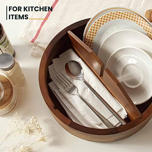 TIDITA 12" Wooden Lazy Susan Organizer with 4 Dividers, High Rim, Rotate