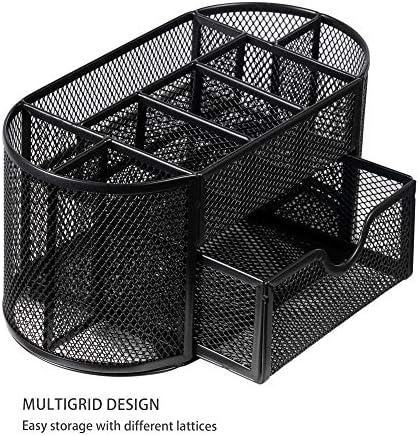 Desk Organizer, Office Supplies Pen Holder Organizers Multi-Functional Mesh Desk Organization Storage with 8 Compartments and 1 Drawer Stationery Caddy Oval for Office School Home Supply