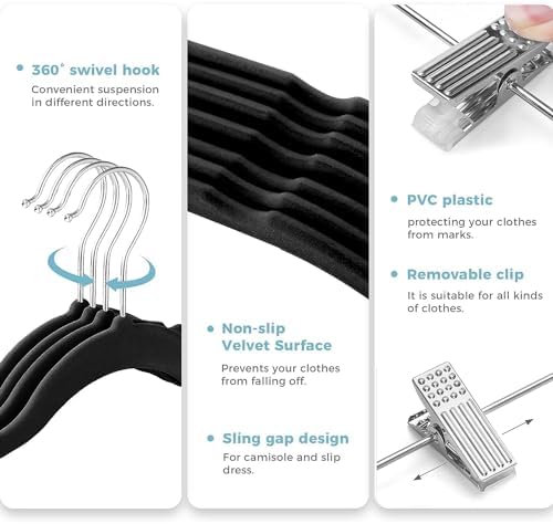 VECELO 20 Pack Black Velvet Clothes Hangers with Adjustable Clips,Heavy-Duty Non Slip & Space-Saving with 1 Magic Hangers and 2 Tie Rack for Suit Coat Pants Skirt Dresses