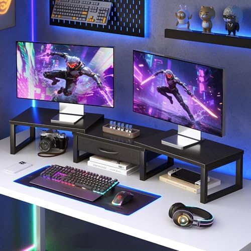 Dual Monitor Stand Riser, Desk Organizers and Accessories with Drawer, Computer Monitor Stands for Desk, Adjustable Desk