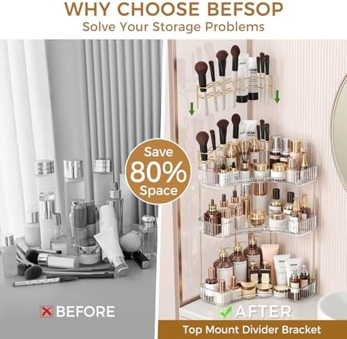 BEFSOP Corner Bathroom Counter Organizer, Upgraded 3-Tier Makeup Organizer Countertop with Makeup Brush Holder, Skincare
