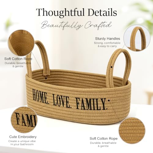 2 Pack Cotton Rope Storage Baskets, Toilet Tank Basket with Handles, "HOME. LOVE. FAMILY" Embroidered Bathroom Organizer
