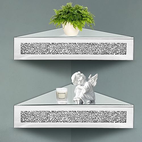 Royxen Corner Floating Shelves 2 Sets, Corner Shelf Wall Mounted Crushed Diamond, Corner Shelves Crystal Mirrored, Float