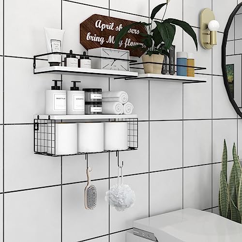 3+3 Wall Mounted White Bathroom Shelf Over Toilet with Toilet Paper Storage Basket & Hooks, Bathroom Organizers and Storage, Hanging Corner Shelf Floating Shelves for Bathroom Wall Room Decor