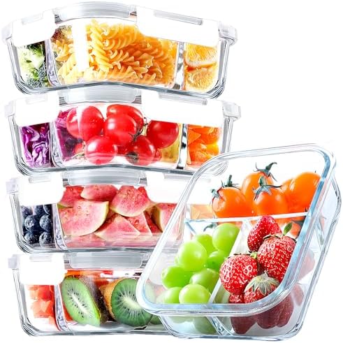 VERONES 5 PACK 36 OZ Glass Food Storage Containers 3 Compartment Set, White