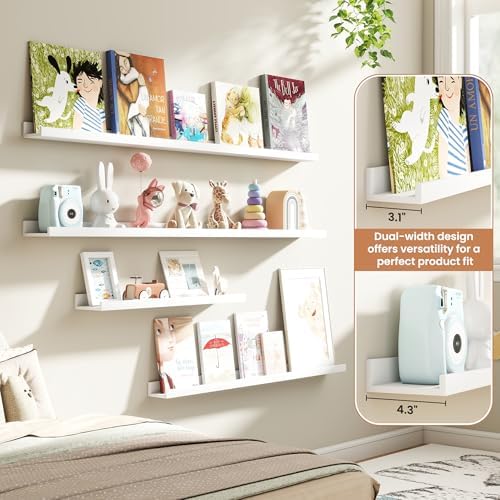 Fun Memories Picture Ledge Shelves Set of 4, 24 Inch Rustic Wall Mounted Floating Shelves with Lip for Home Storage and 