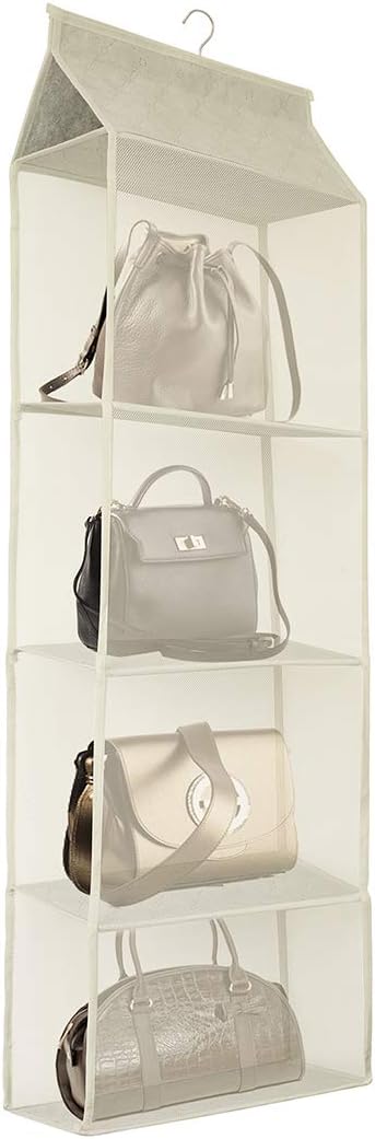 Closet Handbag Purse Holder, Space Saving Hanging Handbag Tote Bag Storage Organizer Holder with 4 Large Heavy-Duty Mesh Shelves for Wardrobe Closet(Beige)