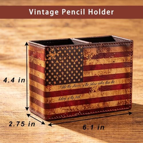 Patriotic Pen Holder, American Flag Desk Organizer, USA Flag Pencil Holder Office Home Accessories, PU Leather Retro Vintage Cool Supplies Patriotic Decor