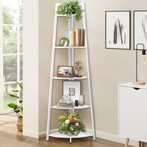 71 inch Tall Corner Shelf, 5 Tier Corner Bookshelf, White
