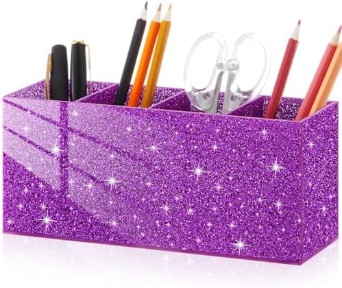 Jetec Acrylic Pen Holder for Girl Desktop, 4 Compartments, Sparkly Purple