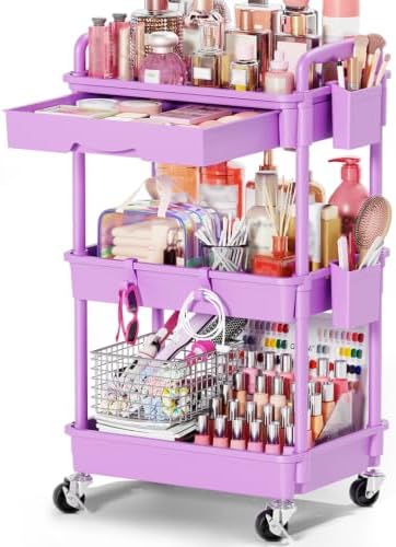 Goovilla Rolling Makeup Organizer Cart with Removable Drawer, 3 Tier Purple