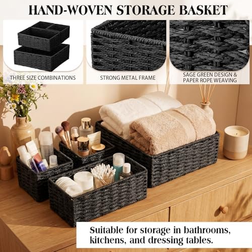 Set of 4 Black Small Wicker Basket, Classic