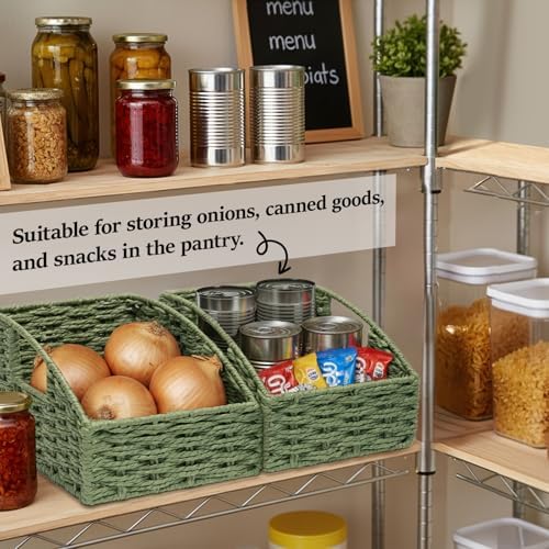 Green Storage Basket 2 Pack Handwoven Paper Rope Pantry Baskets