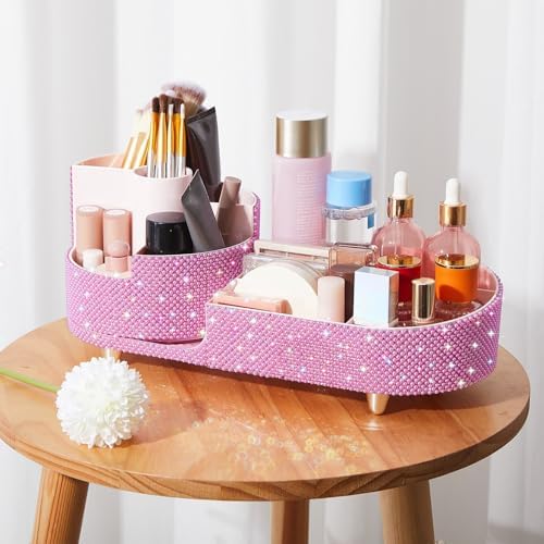 Rotating Makeup Organizer Vanity, Pink, Pearl