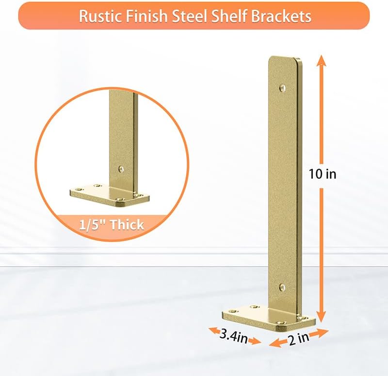 Floating Shelf Brackets upgraded, 10 inch, Gold Heavy Duty Iron Shelf Brackets, Industrial Modern Floating Shelf Support