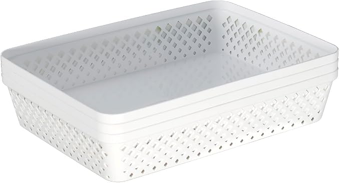 Glad Plastic Storage Basket Set - Multipurpose Drawer Trays, Kitchen Pantry Containers, and Bathroom Bins - 3 Pack Large Organizers, White