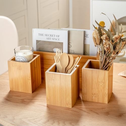 PTSTING Silverware Caddy Wood Utensil Holder Paper Plate Dispenser Silverware Utensil Caddy Cutlery Flatware Organizer B
