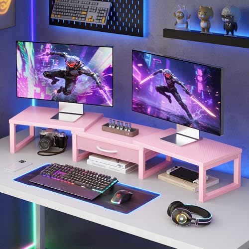 Desk Organizers and Accessories, Dual Monitor Stand Riser with Drawer, Computer Monitor Stand, Adjustable Desk Shelf for