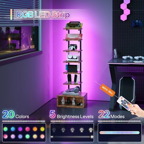 CHOEZON 8-Tier Bookshelf, LED Bookcase with Semi-Open Bottom, Small Space Standing Shelf with Lights, Corner Storage Sta