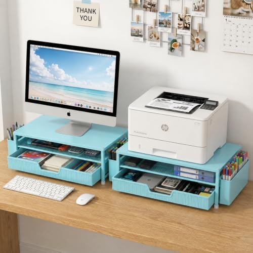ECOLOVI Desk Organizer and Accessories, 2-Tier Computer Monitor Stand Rise with Storage Drawer & 2 Pen Holders, Laptop &