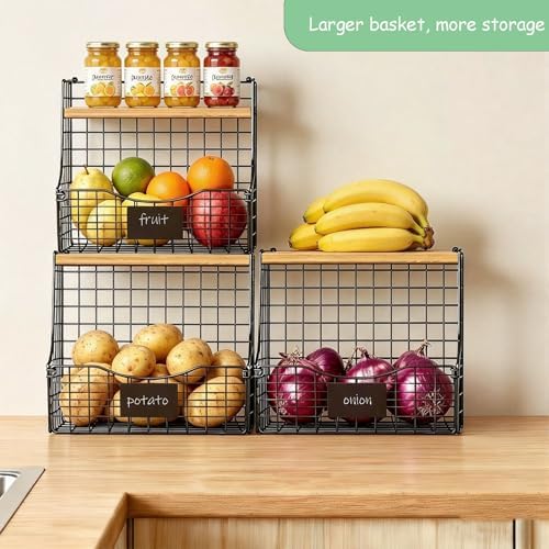 3 Pack wire Fruit Basket for Kitchen with Wood Lid - Counter&Wall Mounted Onion and Potato Storage with Nameplate, Hangi
