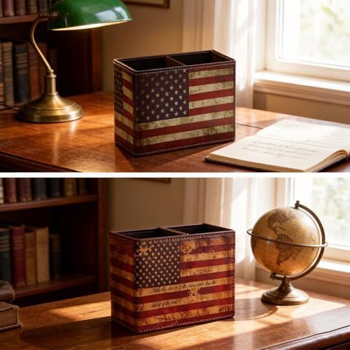 Patriotic Pen Holder, American Flag Desk Organizer, USA Flag Pencil Holder Office Home Accessories, PU Leather Retro Vintage Cool Supplies Patriotic Decor