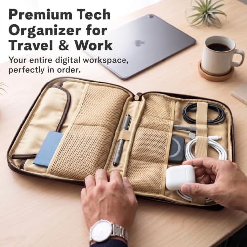 rofozzi Vegan Leather Travel Tech Pouch, Electronics & Cable Case Organizer with Padded 11-Inch Tablet Sleeve and Passpo