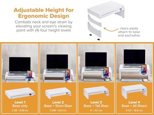Bostitch Konnect Adjustable Monitor Riser with Drawer & Cell Phone Holder, Laptop Stand for Desk, 4 Height Levels, Cable