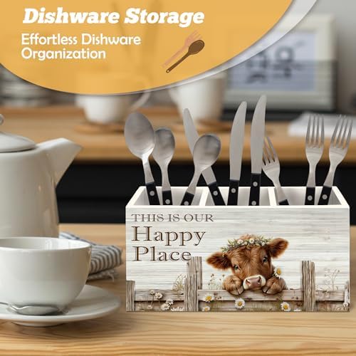 Highland Cow Pen Holder Organizer for Desk Accessories, This Is Our Happy Place Rustic Farmhouse Wooden Box Sign Desk Decorations for Home Bedroom Office Decor, Highland Cow Gifts