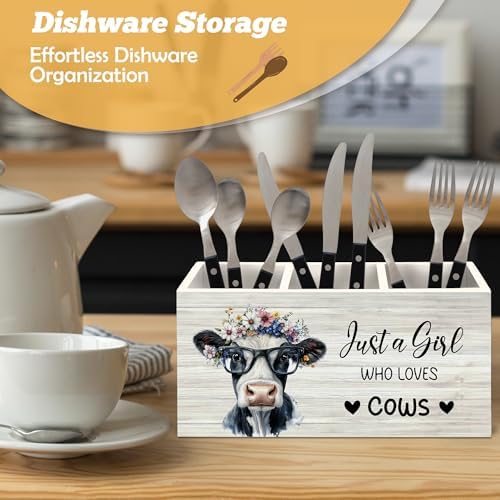 Cow Inspirational Pen Holder Organizer for Desk Accessories, Just a Girl Who Loves Cows Farmhouse Wooden Box Sign Desk Decorations for Home Classroom Dorm Office Tabletop Decor