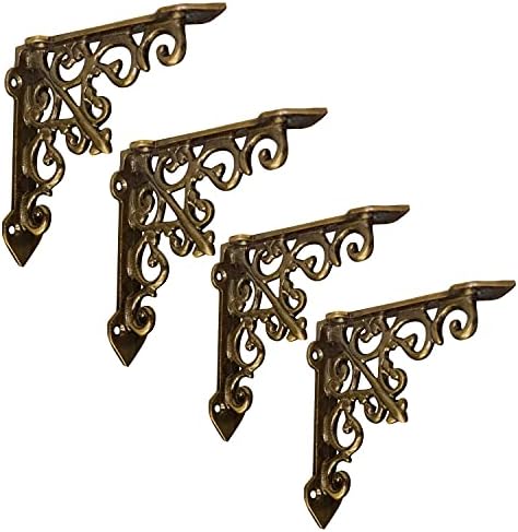NACH Decorative Shelf Brackets, 4 Pack of 5 x 1.2 x 5 inch, Gold Cast Iron Wall Shelf Brackets - Decorative Bookshelf Br