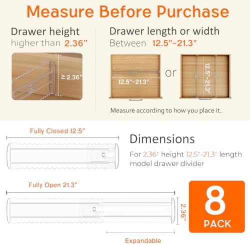 8 Pack 2.36" High Shallow Drawer Dividers, 12.5"-21.3" Expandable