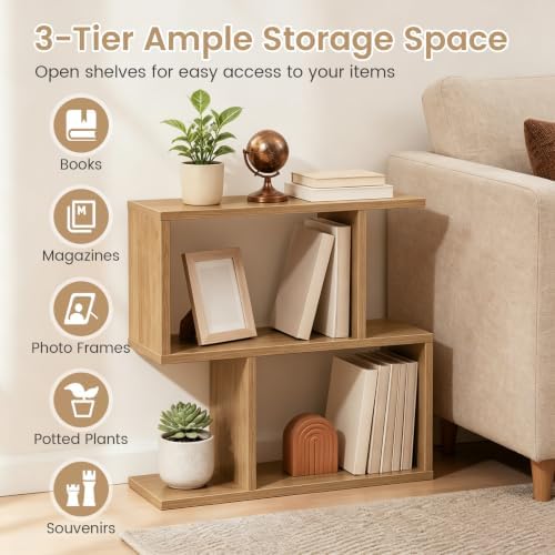 GIANTEX 3-Tier Wood S-Shaped Geometric Bookshelf, Natural