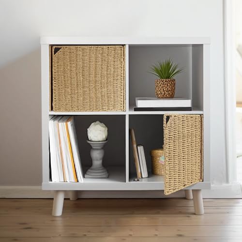 AELS 13" Handwoven Natural Fibre Doors for Cube Storage Shelf, Set of 2, Boho Straw Shelf Cover for Bookcase & Open Book