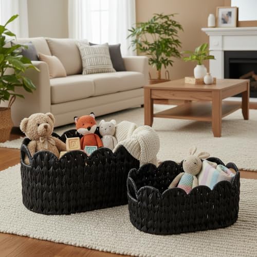 Coeusy Wicker Scalloped Basket Set of 2,Woven Storage Baskets for Shelves,Closet,Laundry,Gift,Towels,Books,Toys,Waterpro