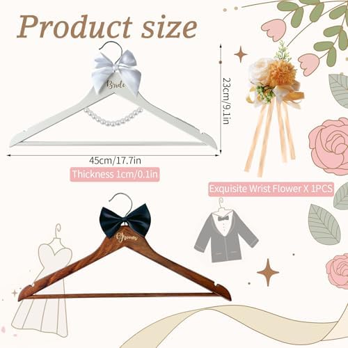 2 Pack Wedding Hangers Gifts Accessories, Groom Bride Hanger for Wedding Dress or Suit, Bridal Hanger with Bow Tie & Exq