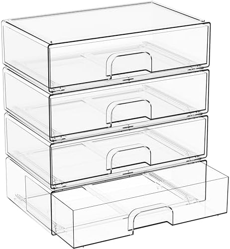 Yieach 12.2''W Clear Stackable Storage Drawers,4 Pack Acrylic Drawers,Bathroom Organizer Bin and Plastic Makeup Organize