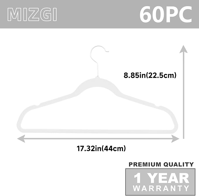 MIZGI Premium Velvet Hangers - Heavy Duty (60 Pack) with Non Slip Felt - Space Saving Velvet Suit Hangers (White, White Coated Hooks)