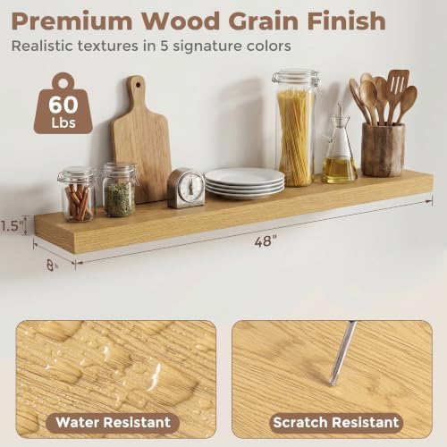 8 inch Deep Floating Shelves for Wall, 48" Wide, Oak Finish, 2-Pack