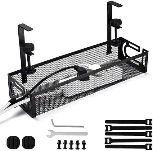 Under Desk Cable Management Tray Small – Clamp-Mounted Wire Organizer & Cord Management Under Desk Rack, No-Drill Metal 