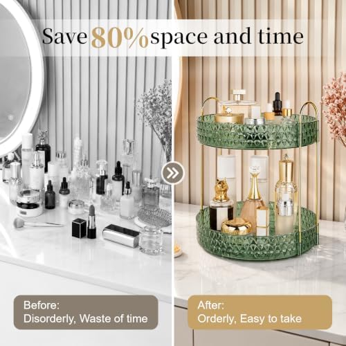 Large Capacity Rotating Makeup Organizer Perfume Stand Holder, 2 Tier Green