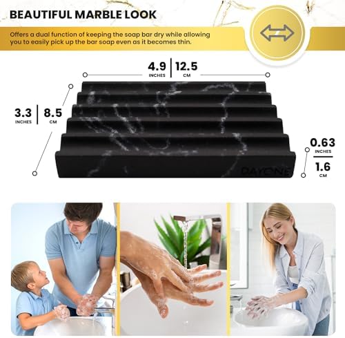 DAYONE Holder with Marble Look - Soap Dish with Soap Saver Ridges Rectangle Bar Soap Holder with Non Slip Feet - Soap Tr