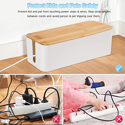Cable Management Box Organizer, Set of 3 Bamboo Lid Storage Wires Holder to Cover Hide Surge Protector, Power Strips & C
