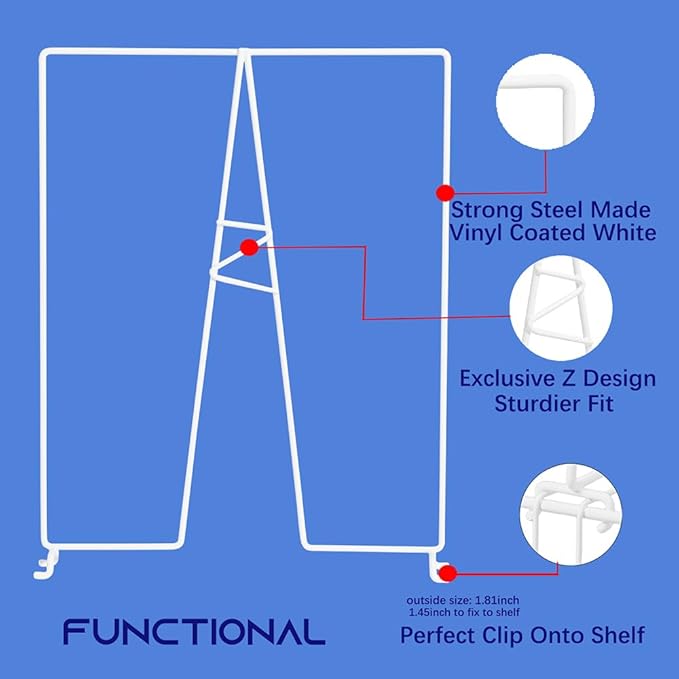 Wire Shelf Dividers - White Closet Organization & Storage Organizer - No Tool Shelf Divider for Wire Shelves - Metal Shelf Accessories – for 12“ Deep Wire Shelves – Tall 16” Height – 4 Pack
