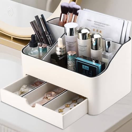 KINGFOM PU Leather Makeup Organizer with Drawer, Skincare Organizer for Vanity, Cosmetic Storage for Dresser Countertop,
