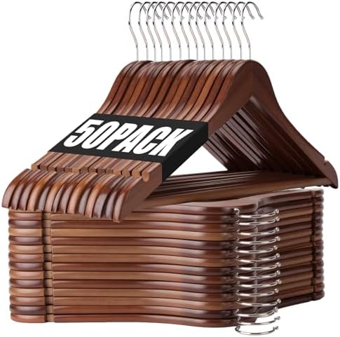 Korpai 50 Pack Wooden Hangers,Wooden Clothes Hangers with Smooth Pant Bar and Shoulder Notches,Heavy Duty Hangers with 360-Degree Rotatable Hook, Coat Hangers for Coats,Shirts,Dress,Pants,Walnut